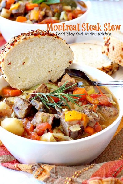 Montreal Steak Stew | Can't Stay Out of the Kitchen | delicious #beefstew using leftover #steak! This one is quick & easy since it's made in the #crockpot. #glutenfree #soup