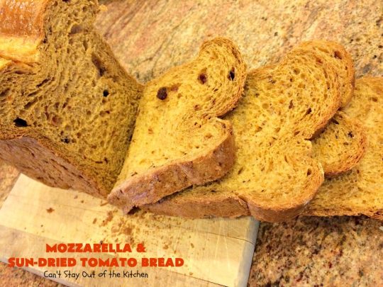 Mozzarella and Sun-Dried Tomato Bread | Can't Stay Out of the Kitchen | this fantastic #bread is so quick & easy since it's made in the #breadmaker. The savory flavors of #MozzarellaCheese, #SunDriedTomatoes, basil & oregano really come through making this one spectacularly tasting #HomeBakedBread. Wonderful as a side dish for any entree. #Italian #MozzarellaAndSunDriedTomatoBread