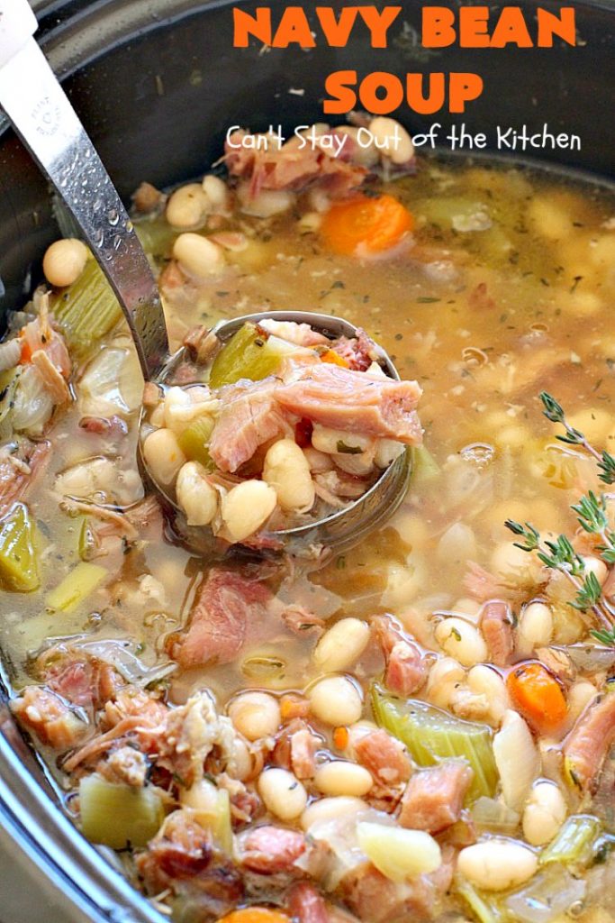 Navy Bean Soup | Can't Stay Out of the Kitchen | this easy #crockpot recipe is a terrific way to use up leftover #ham from the #holidays. Navy Bean #Soup is scrumptious comfort food that's totally filling & satisfying. #navybeans #glutenfree