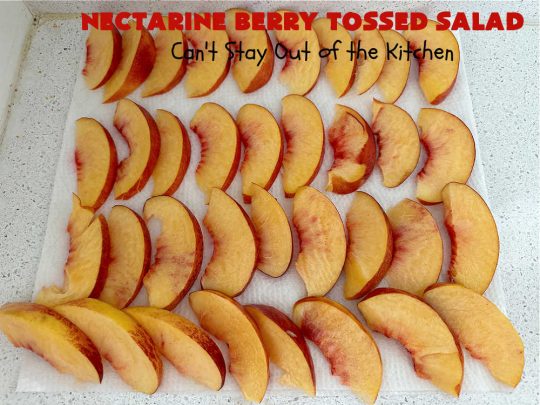 Nectarine Berry Tossed Salad | Can't Stay Out of the Kitchen | Captivate your senses with this fantastic #TossedSalad #recipe. It includes #nectarines, #blueberries, #raspberries, #FetaCheese, #HoneyRoastedPecans (roasted in butter!), & a delicious homemade #SaladDressing that also includes #nectarines & #healthy ingredients. #GlutenFree #salad #NectarineBerryTossedSalad