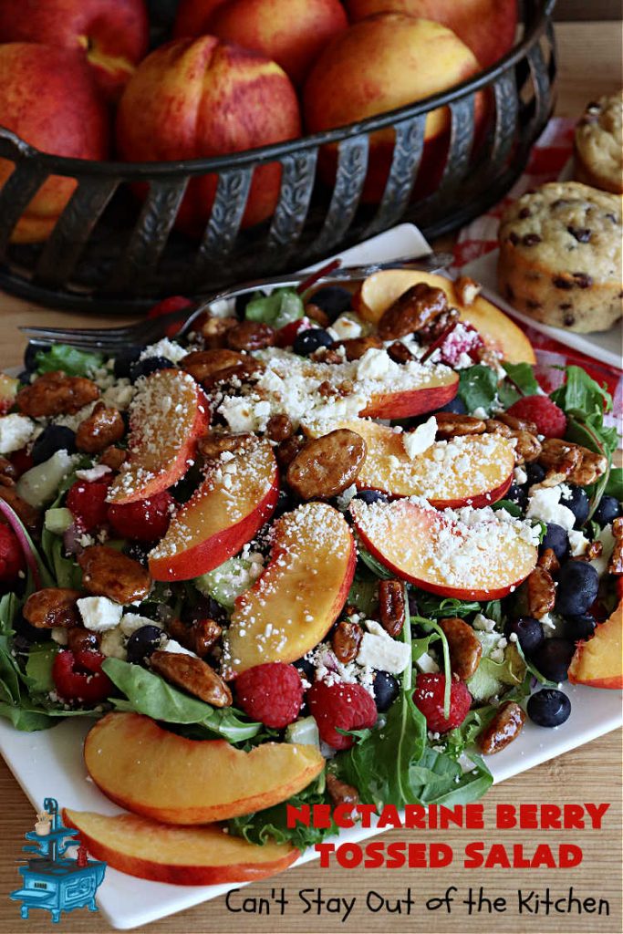 Nectarine Berry Tossed Salad | Can't Stay Out of the Kitchen | Captivate your senses with this fantastic #TossedSalad #recipe. It includes #nectarines, #blueberries, #raspberries, #FetaCheese, #HoneyRoastedPecans (roasted in butter!), & a delicious homemade #SaladDressing that also includes #nectarines & #healthy ingredients. #GlutenFree #salad #NectarineBerryTossedSalad