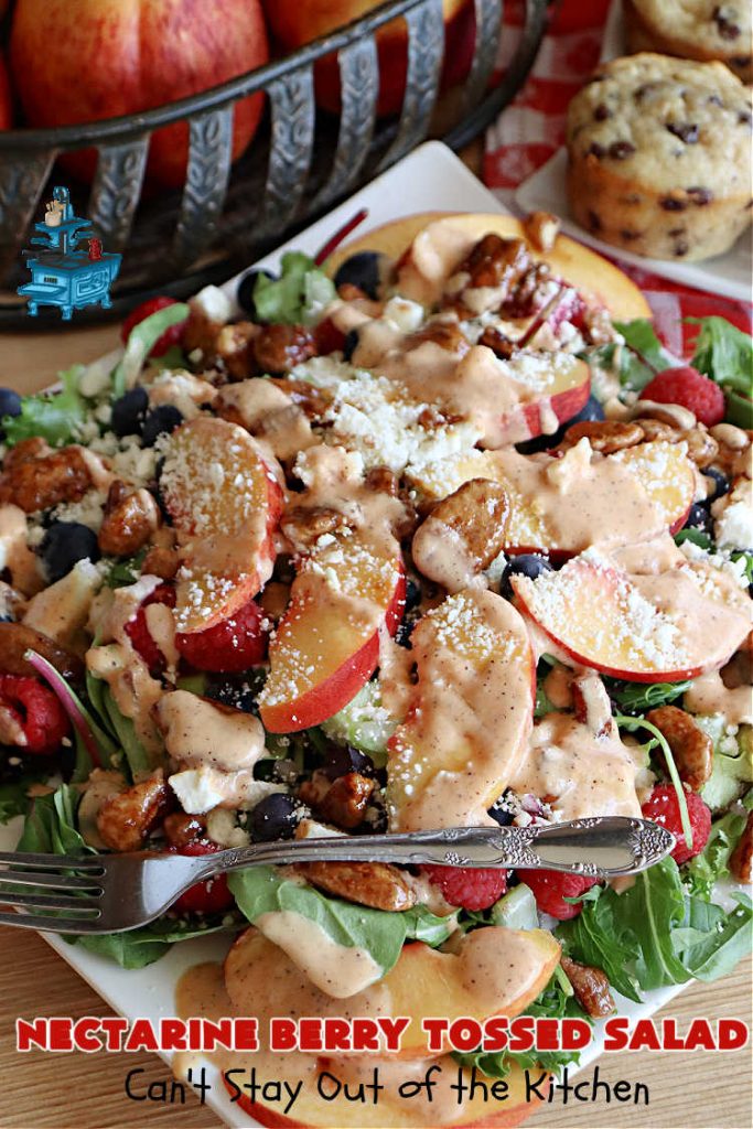 Nectarine Berry Tossed Salad | Can't Stay Out of the Kitchen | Captivate your senses with this fantastic #TossedSalad #recipe. It includes #nectarines, #blueberries, #raspberries, #FetaCheese, #HoneyRoastedPecans (roasted in butter!), & a delicious homemade #SaladDressing that also includes #nectarines & #healthy ingredients. #GlutenFree #salad #NectarineBerryTossedSalad