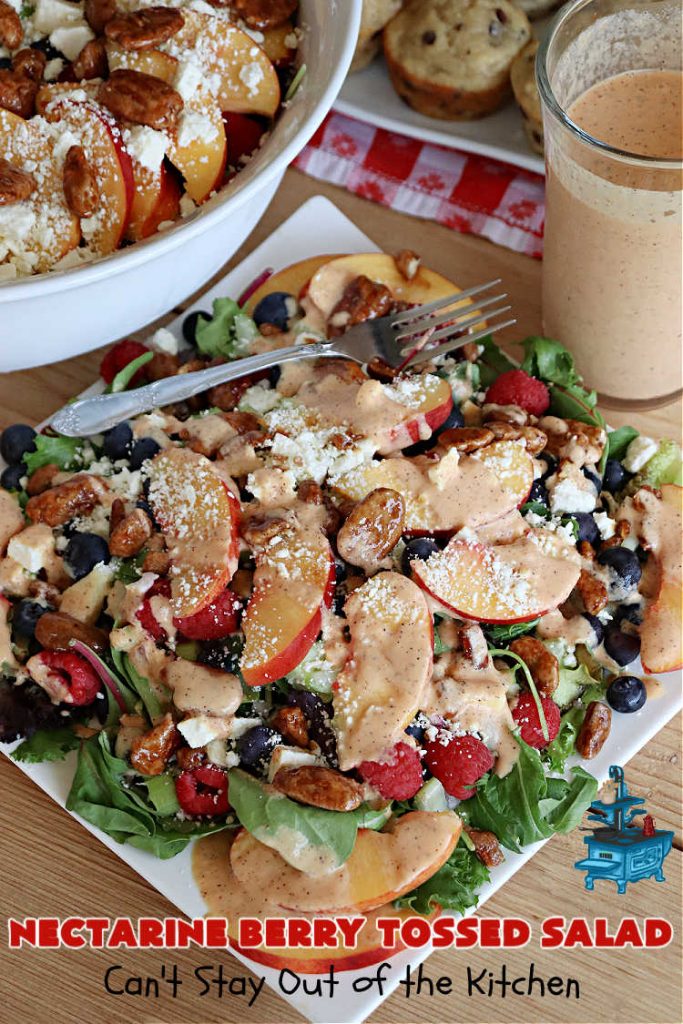 Nectarine Berry Tossed Salad | Can't Stay Out of the Kitchen | Captivate your senses with this fantastic #TossedSalad #recipe. It includes #nectarines, #blueberries, #raspberries, #FetaCheese, #HoneyRoastedPecans (roasted in butter!), & a delicious homemade #SaladDressing that also includes #nectarines & #healthy ingredients. #GlutenFree #salad #NectarineBerryTossedSalad