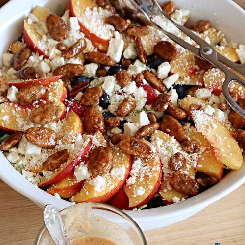 Nectarine Berry Tossed Salad | Can't Stay Out of the Kitchen | Captivate your senses with this fantastic #TossedSalad #recipe. It includes #nectarines, #blueberries, #raspberries, #FetaCheese, #HoneyRoastedPecans (roasted in butter!), & a delicious homemade #SaladDressing that also includes #nectarines & #healthy ingredients. #GlutenFree #salad #NectarineBerryTossedSalad