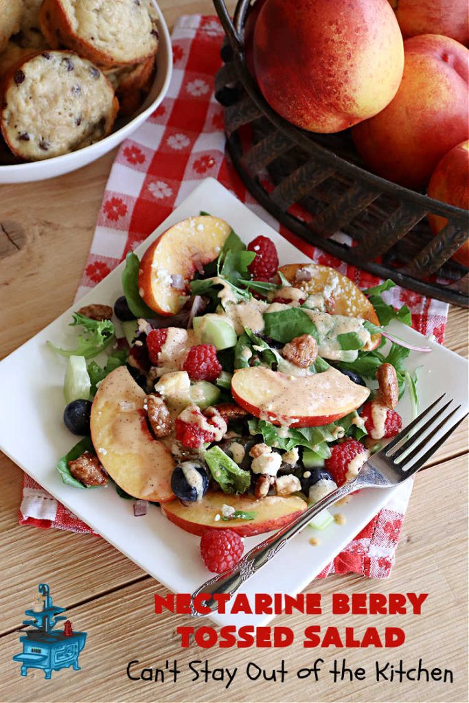 Nectarine Berry Tossed Salad | Can't Stay Out of the Kitchen | Captivate your senses with this fantastic #TossedSalad #recipe. It includes #nectarines, #blueberries, #raspberries, #FetaCheese, #HoneyRoastedPecans (roasted in butter!), & a delicious homemade #SaladDressing that also includes #nectarines & #healthy ingredients. #GlutenFree #salad #NectarineBerryTossedSalad