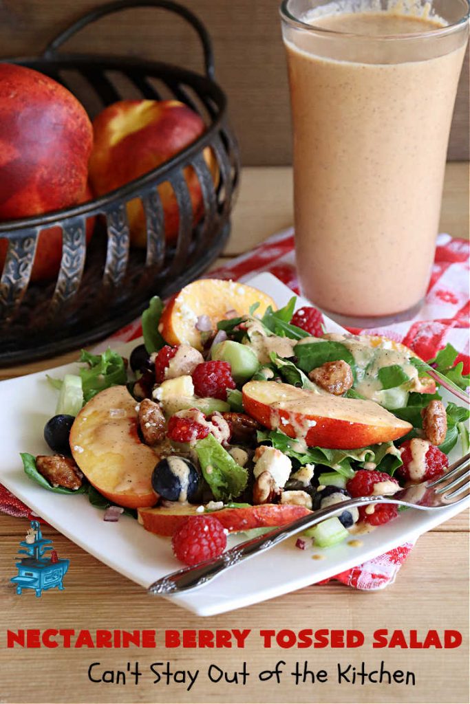 Nectarine Berry Tossed Salad | Can't Stay Out of the Kitchen | Captivate your senses with this fantastic #TossedSalad #recipe. It includes #nectarines, #blueberries, #raspberries, #FetaCheese, #HoneyRoastedPecans (roasted in butter!), & a delicious homemade #SaladDressing that also includes #nectarines & #healthy ingredients. #GlutenFree #salad #NectarineBerryTossedSalad