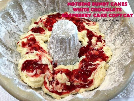 Nothing Bundt Cakes White Chocolate Raspberry Cake Copycat | Can't Stay Out of the Kitchen | this spectacular #CopycatRecipe will rock your world! #WhiteChocolate & #RaspberryPieFilling combined with #CreamCheese frosting make this a #dessert you won't be able to resist! #NothingBundtCakes #cake #holiday #ChocolateDessert #RaspberryDessert #HolidayDessert #NothingBundtCakesWhiteChocolateRaspberryCakeCopycat #recipe #copycat