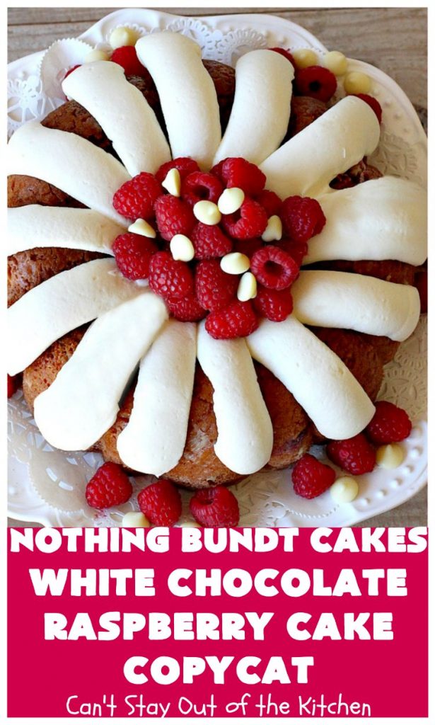 Nothing Bundt Cakes White Chocolate Raspberry Cake Copycat | Can't Stay Out of the Kitchen | this spectacular #CopycatRecipe will rock your world! #WhiteChocolate & #RaspberryPieFilling combined with #CreamCheese frosting make this a #dessert you won't be able to resist! #NothingBundtCakes #cake #holiday #ChocolateDessert #RaspberryDessert #HolidayDessert #NothingBundtCakesWhiteChocolateRaspberryCakeCopycat #recipe #copycat