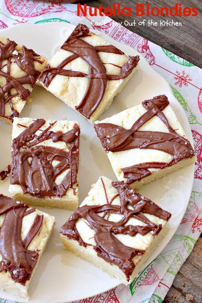 Nutella Blondies | Can't Stay Out of the Kitchen | These lovely shortbread #cookies have #Nutella swirled on top for a delicious #chocolate & #hazelnut flavor. #dessert
