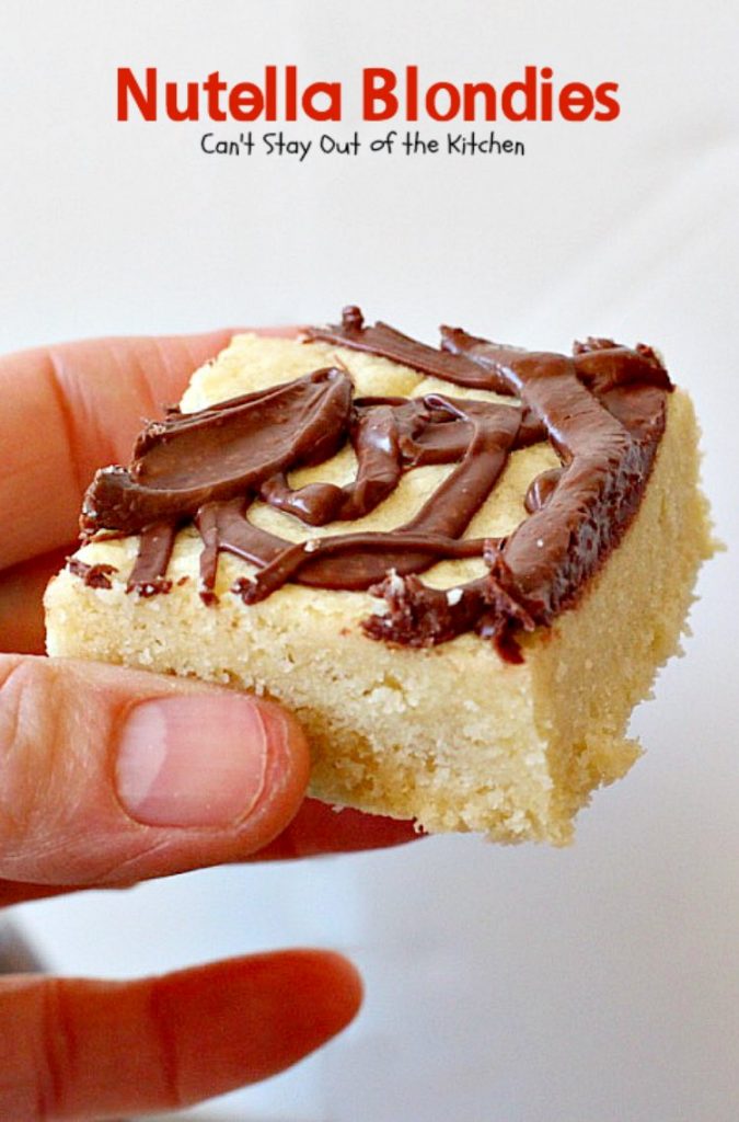 Nutella Blondies | Can't Stay Out of the Kitchen | These lovely shortbread #cookies have #Nutella swirled on top for a delicious #chocolate & #hazelnut flavor. #dessert