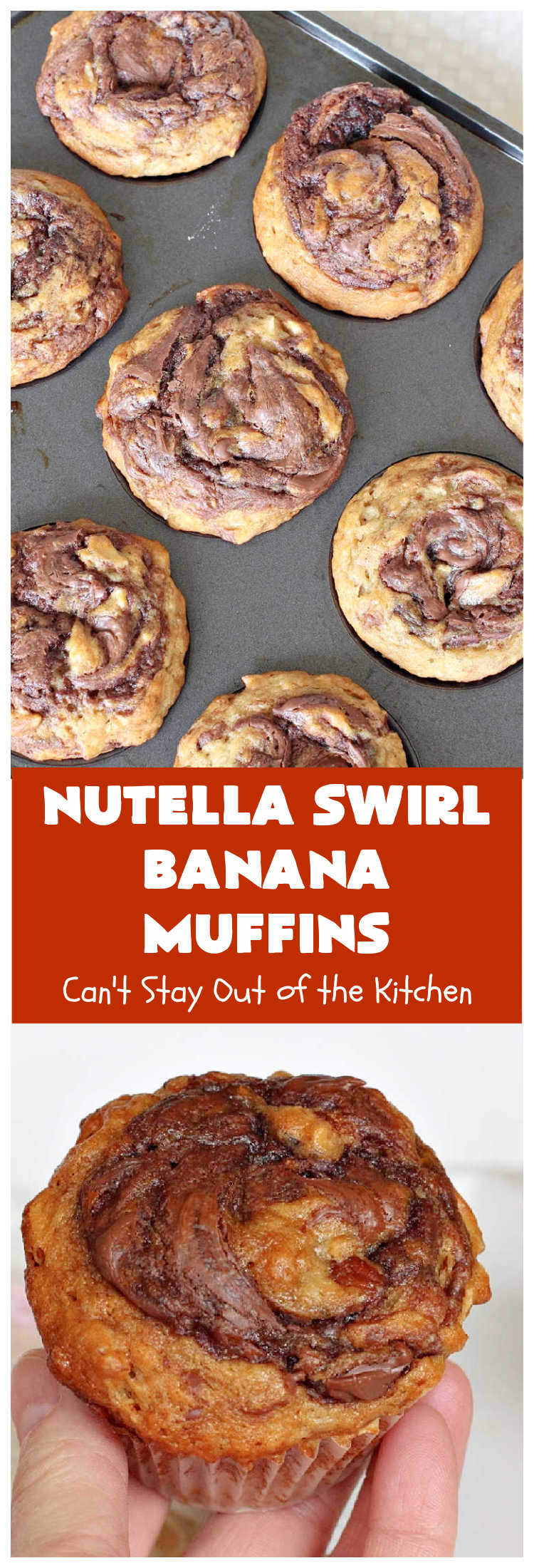 Nutella Swirl Banana Muffins | Can't Stay Out of the Kitchen | these outrageous #muffins are filled with #almonds & #bananas and swirled with #Nutella! These are so heavenly you won't be able to stay out of them. #breakfast #holiday #HolidayBreakfast #NutellaMuffins #NutellaSwirlBananaMuffins