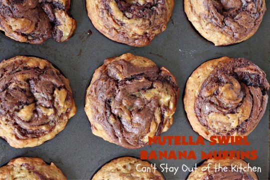Nutella Swirl Banana Muffins | Can't Stay Out of the Kitchen | these outrageous #muffins are filled with #almonds & #bananas and swirled with #Nutella! These are so heavenly you won't be able to stay out of them. #breakfast #holiday #HolidayBreakfast #NutellaMuffins #NutellaSwirlBananaMuffins