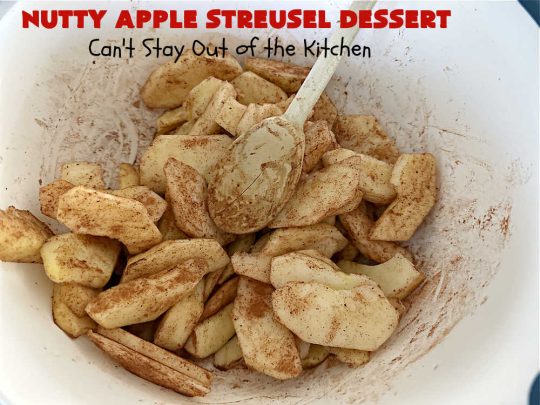 Nutty Apple Streusel Dessert | Can't Stay Out off the Kitchen | this is a fantastic old-world #vintage #dessert #recipe that's half #streusel & half #cobbler. The #apples spice things up & #Bisquick makes it easier to toss together. This #AppleDessert can also be made in the #SlowCooker. Top with #IceCream & everyone will be more than satisfied! #crockpot #almonds #AppleCobbler #NuttyAppleStreuselDessert