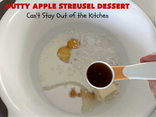 Nutty Apple Streusel Dessert | Can't Stay Out off the Kitchen | this is a fantastic old-world #vintage #dessert #recipe that's half #streusel & half #cobbler. The #apples spice things up & #Bisquick makes it easier to toss together. This #AppleDessert can also be made in the #SlowCooker. Top with #IceCream & everyone will be more than satisfied! #crockpot #almonds #AppleCobbler #NuttyAppleStreuselDessert