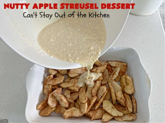 Nutty Apple Streusel Dessert | Can't Stay Out off the Kitchen | this is a fantastic old-world #vintage #dessert #recipe that's half #streusel & half #cobbler. The #apples spice things up & #Bisquick makes it easier to toss together. This #AppleDessert can also be made in the #SlowCooker. Top with #IceCream & everyone will be more than satisfied! #crockpot #almonds #AppleCobbler #NuttyAppleStreuselDessert