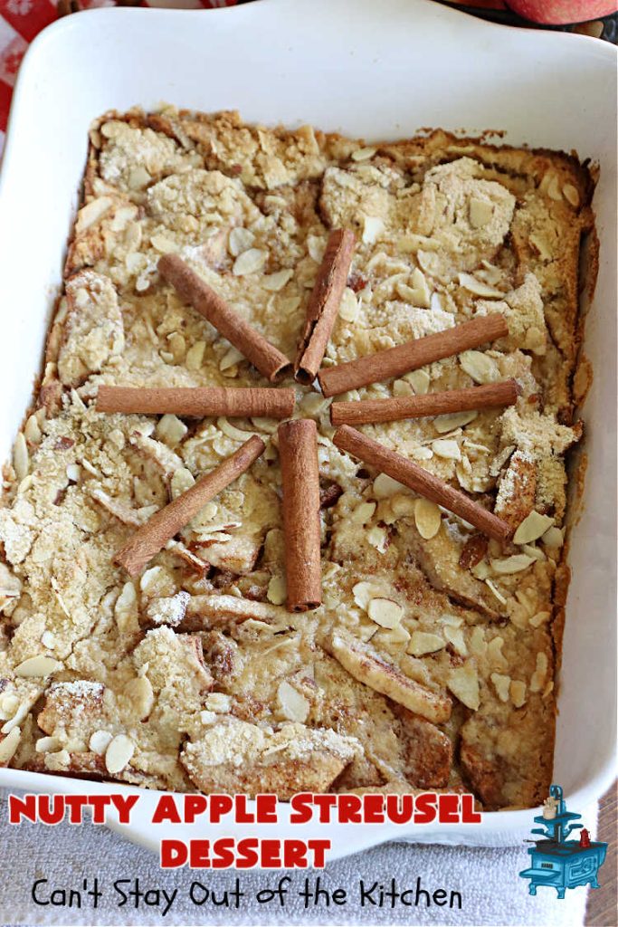 Nutty Apple Streusel Dessert | Can't Stay Out off the Kitchen | this is a fantastic old-world #vintage #dessert #recipe that's half #streusel & half #cobbler. The #apples spice things up & #Bisquick makes it easier to toss together. This #AppleDessert can also be made in the #SlowCooker. Top with #IceCream & everyone will be more than satisfied! #crockpot #almonds #AppleCobbler #NuttyAppleStreuselDessert