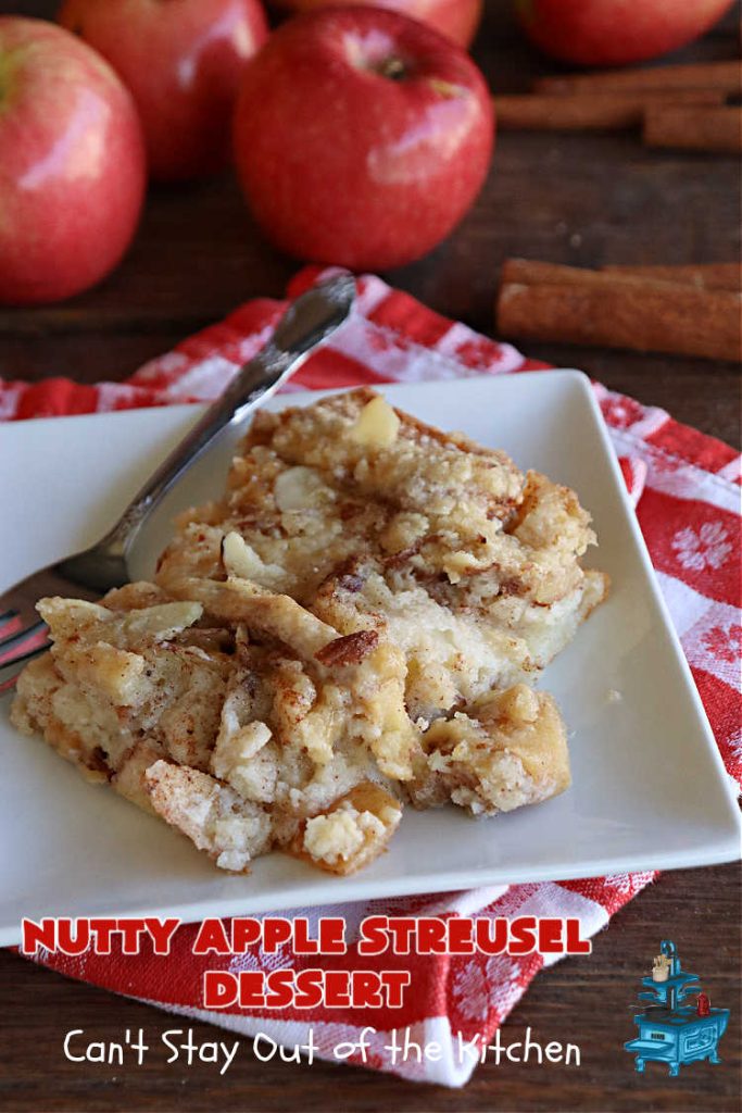 Nutty Apple Streusel Dessert | Can't Stay Out off the Kitchen | this is a fantastic old-world #vintage #dessert #recipe that's half #streusel & half #cobbler. The #apples spice things up & #Bisquick makes it easier to toss together. This #AppleDessert can also be made in the #SlowCooker. Top with #IceCream & everyone will be more than satisfied! #crockpot #almonds #AppleCobbler #NuttyAppleStreuselDessert