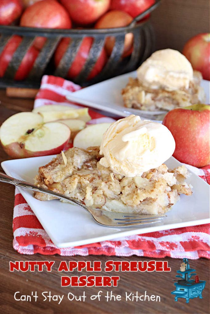 Nutty Apple Streusel Dessert | Can't Stay Out off the Kitchen | this is a fantastic old-world #vintage #dessert #recipe that's half #streusel & half #cobbler. The #apples spice things up & #Bisquick makes it easier to toss together. This #AppleDessert can also be made in the #SlowCooker. Top with #IceCream & everyone will be more than satisfied! #crockpot #almonds #AppleCobbler #NuttyAppleStreuselDessert