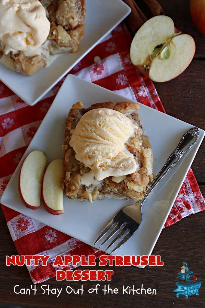 Nutty Apple Streusel Dessert | Can't Stay Out off the Kitchen | this is a fantastic old-world #vintage #dessert #recipe that's half #streusel & half #cobbler. The #apples spice things up & #Bisquick makes it easier to toss together. This #AppleDessert can also be made in the #SlowCooker. Top with #IceCream & everyone will be more than satisfied! #crockpot #almonds #AppleCobbler #NuttyAppleStreuselDessert