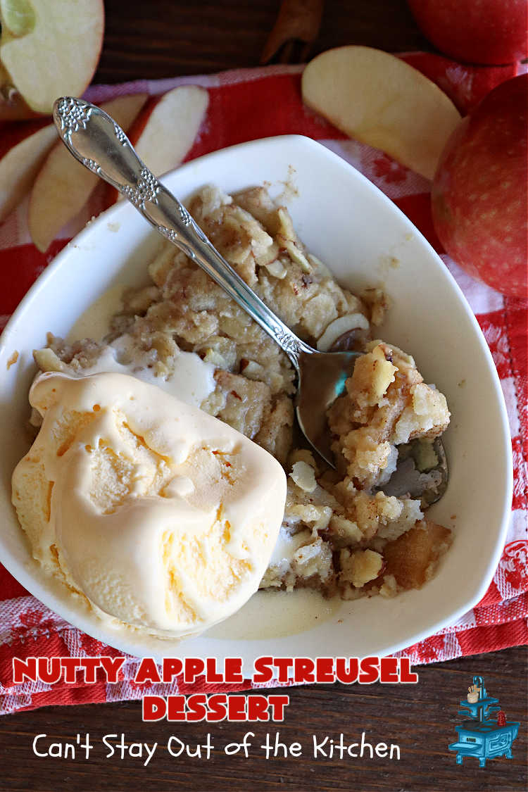 Nutty Apple Streusel Dessert | Can't Stay Out off the Kitchen | this is a fantastic old-world #vintage #dessert #recipe that's half #streusel & half #cobbler. The #apples spice things up & #Bisquick makes it easier to toss together. This #AppleDessert can also be made in the #SlowCooker. Top with #IceCream & everyone will be more than satisfied! #crockpot #almonds #AppleCobbler #NuttyAppleStreuselDessert