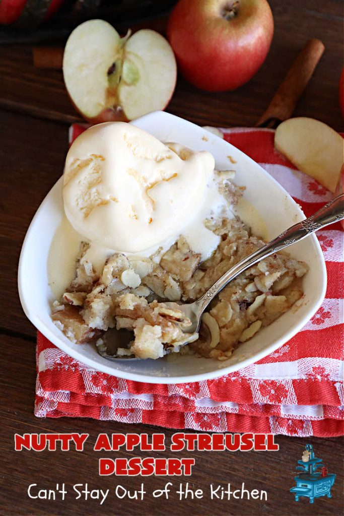 Nutty Apple Streusel Dessert | Can't Stay Out off the Kitchen | this is a fantastic old-world #vintage #dessert #recipe that's half #streusel & half #cobbler. The #apples spice things up & #Bisquick makes it easier to toss together. This #AppleDessert can also be made in the #SlowCooker. Top with #IceCream & everyone will be more than satisfied! #crockpot #almonds #AppleCobbler #NuttyAppleStreuselDessert