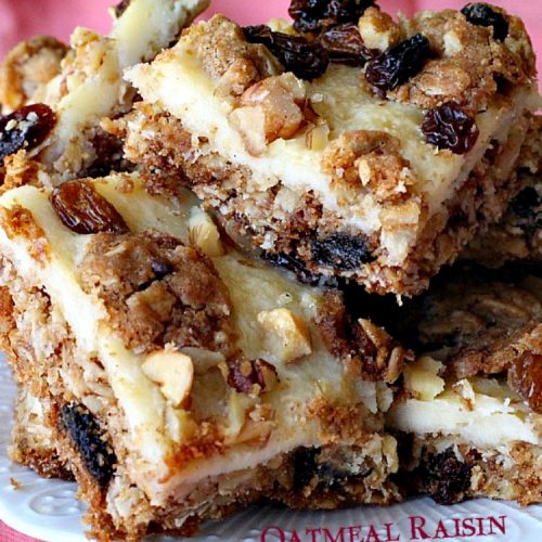 Oatmeal Raisin Cheesecake Bars | Can't Stay Out of the Kitchen | traditional #oatmealraisin #cookies with a luscious #cheesecake layer make for a #brownie to die for! #dessert