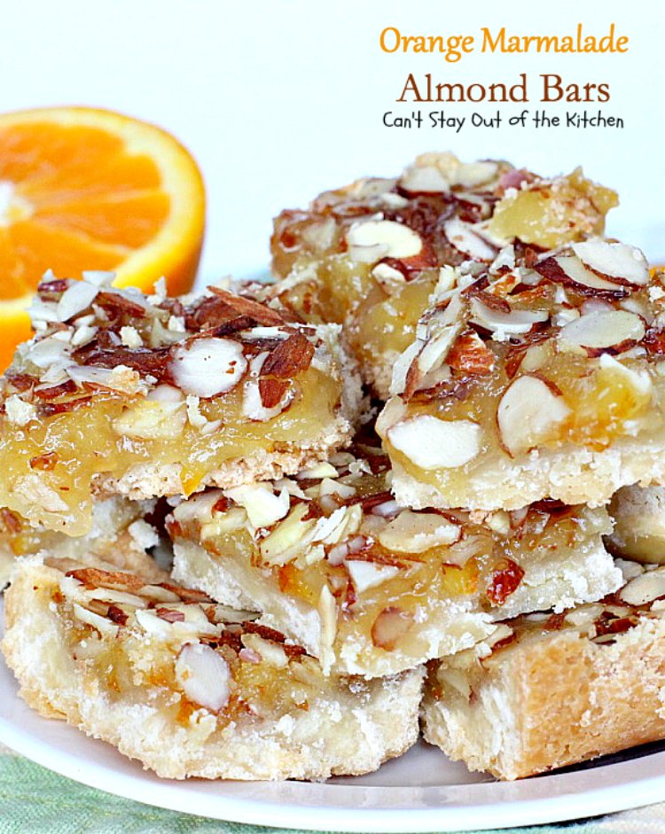 Orange Marmalade Almond Bars | Can't Stay Out of the Kitchen | these amazing bars have a shortbread crust, #orangemarmalade filling & #almonds on top. Great #dessert for #holiday baking. #cookie