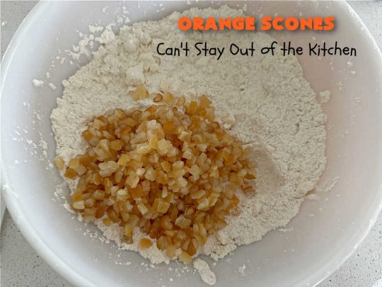 Orange Scones | Can't Stay Out of the Kitchen | these luscious #OrangeScones contain #OrangeJuice & #CandiedOrangePeel in the #scone & more #OJ & #OrangeZest in the icing. They're terrific for #holiday #breakfast or #brunch menus, including #Thanksgiving, #Christmas or #NewYearsDay or any day in between! Softer & sweeter than traditional scones, your family & friends will swoon over these. #orange #HolidayBreakfast #ParadiseFruit