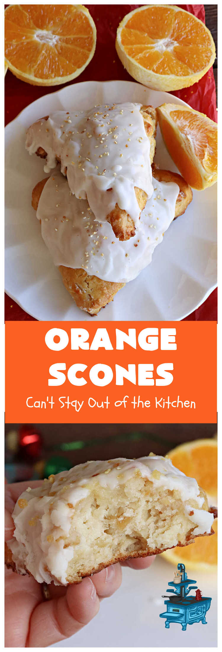 Orange Scones | Can't Stay Out of the Kitchen | these luscious #OrangeScones contain #OrangeJuice & #CandiedOrangePeel in the #scone & more #OJ & #OrangeZest in the icing. They're terrific for #holiday #breakfast or #brunch menus, including #Thanksgiving, #Christmas or #NewYearsDay or any day in between! Softer & sweeter than traditional scones, your family & friends will swoon over these. #orange #HolidayBreakfast #ParadiseFruit