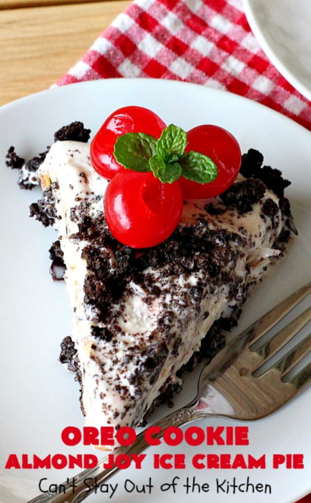 Oreo Cookie Almond Joy Ice Cream Pie | Can't Stay Out of the Kitchen | Wow your family and friends with this spectacular #IceCreamPie for #MothersDay! It combines the best of #Oreos with #AlmondJoyBars! Plus, it's a super easy 5-ingredient #dessert to die for! #Holiday #Pie #HolidayDessert #ChocolateDessert #OreoDessert #AlmondJoyDessert #ChocolatePie #OreoPie #IceCream #AlmondJoyPie #OreoCookieAlmondJoyIceCreamPie