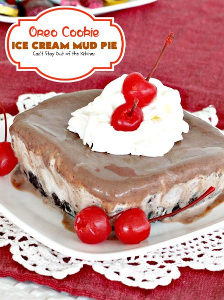 Oreo Cookie Ice Cream Mud Pie | Can't Stay Out of the Kitchen | spectacular #dessert with an #Oreo crust, an Oreo #icecream layer, and a #chocolate sauce using #Ghirardelli chocolate. Amazing!