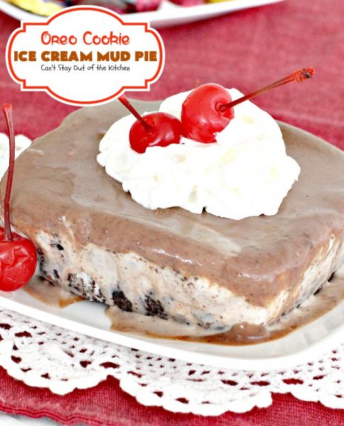 Oreo Cookie Ice Cream Mud Pie | Can't Stay Out of the Kitchen | spectacular #dessert with an #Oreo crust, an Oreo #icecream layer, and a #chocolate sauce using #Ghirardelli chocolate. Amazing!