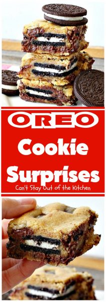 Oreo Cookie Surprises | Can't Stay Out of the Kitchen | these #brownies are divine! #Oreo #cookies are sandwiched between #Mrs.Fields #chocolate chip cookie dough! Best #dessert ever! Great for #MothersDay & other #holidays.
