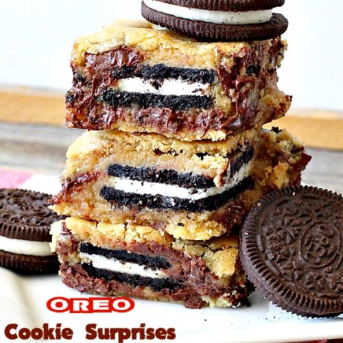 Oreo Cookie Surprises | Can't Stay Out of the Kitchen | these #brownies are divine! #Oreo #cookies are sandwiched between #Mrs.Fields #chocolate chip cookie dough! Best #dessert ever! Great for #MothersDay & other #holidays.