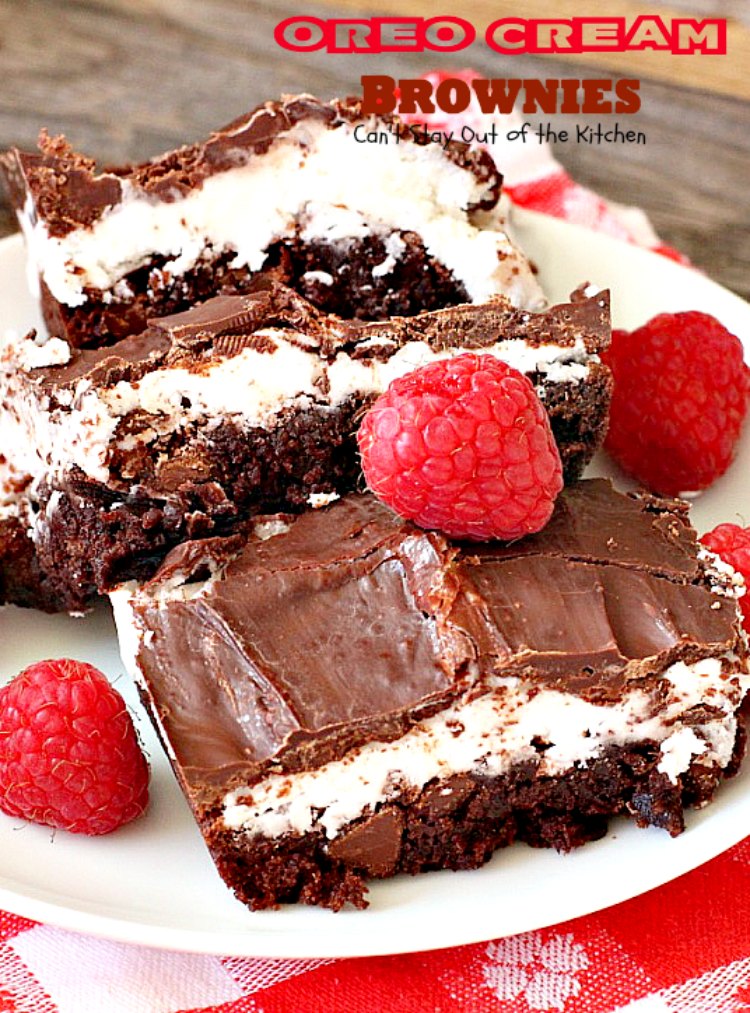 Oreo Cream Brownies | Can't Stay Out of the Kitchen | these decadent #brownies start with a #glutenfree brownie mix. Then they're iced with an #Oreo cream type mixture and glazed with melted #chocolate chips. Amazing #dessert.