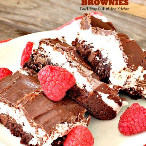 Oreo Cream Brownies | Can't Stay Out of the Kitchen | these decadent #brownies start with a #glutenfree brownie mix. Then they're iced with an #Oreo cream type mixture and glazed with melted #chocolate chips. Amazing #dessert.
