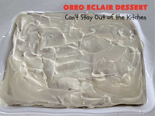 Oreo Éclair Dessert | Can't Stay Out of the Kitchen | This is the ultimate in a luscious, drool-worthy #dessert. It tastes like eating #Éclairs with #Oreos in them yet uses only 6 ingredients! It's topped with a delightful #CreamCheese icing that increases the flavor even more. Top with more #OreoCookies & #MaraschinoCherries for a festive & beautiful company or HolidayDessert that everyone will swoon over! #OreoÉclairDessert
