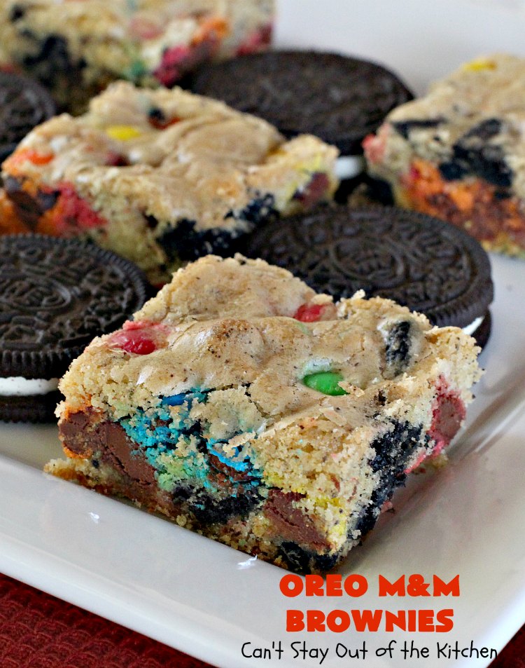 Oreo M&M Brownies | Can't Stay Out of the Kitchen | these over-the-top #brownies are filled with #Oreos & #MMs. They are rich, decadent & divine! If you love M&Ms and Oreos, you'll love the combination in this fantastic #dessert. #Chocolate #tailgating #ChocolateDessert #MMDessert #cookie #OreoDessert #FourthOfJulyDessert #LaborDayDessert