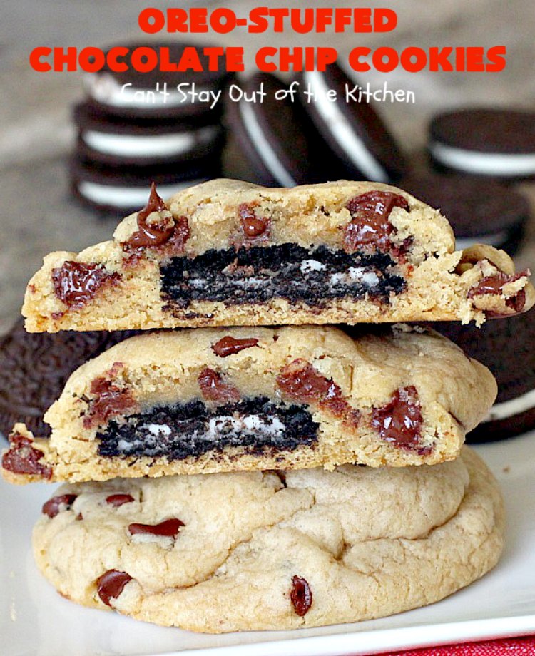 Oreo-Stuffed Chocolate Chip Cookies | Can't Stay Out of the Kitchen | these sensational #chocolate chip #cookies have an #Oreo buried in each cookie! They're so rich & decadent you'll be drooling after the first bite! Perfect for #Christmas cookie exchanges & #holiday parties. #dessert