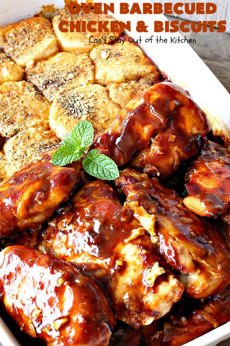 Oven Barbecued Chicken and Biscuits | Can't Stay Out of the Kitchen | this quick & easy 7-ingredient #chicken entree is perfect for weeknights when you're short on time. It only takes 5 minutes to prepare. This kid-friendly #casserole is absolutely mouthwatering. Our company loved it. #biscuits #BBQ #parmesancheese #BBQChicken