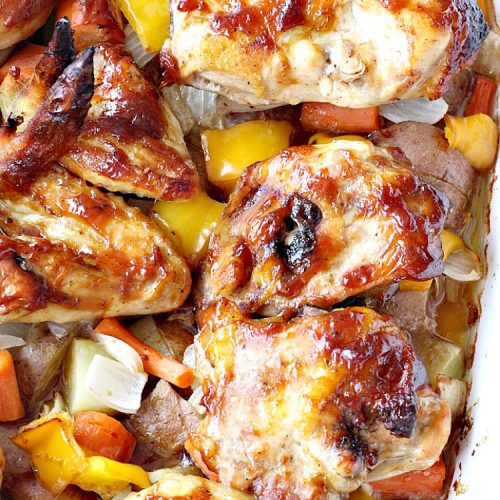 Oven Roasted Sweet and Sticky Chicken | Can't Stay Out of the Kitchen | amazing one-dish #chicken entree with potatoes & carrots. This one has a delightful sweet and sticky sauce. #glutenfree