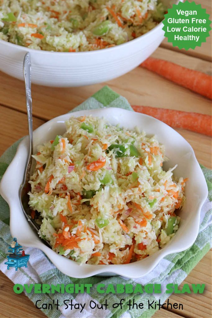 Overnight Cabbage Slaw | Can't Stay Out of the Kitchen | this delicious #ColeSlaw #recipe includes shredded #cabbage, #carrots, green bell pepper and red onion. It has an oil & vinegar dressing that's #healthy #LowCalorie, #vegan & #GlutenFree. Since it's made in advance, it's perfect for summer #holidays, potlucks, #tailgating parties, backyard BBQs or grilling out with friends. #OvernightCabbageSlaw