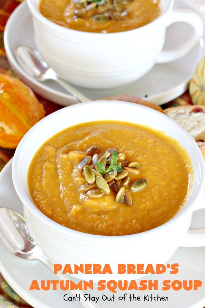 Panera Bread's Autumn Squash Soup | Can't Stay Out of the Kitchen | This awesome #soup is a terrific #copycat #recipe of #PaneraBread's version. This #glutenfree version can easily be made #vegan. #pumpkin #butternutsquash