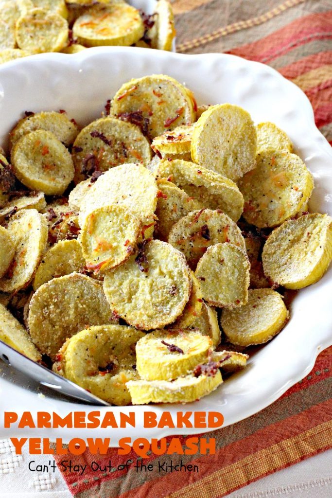 Parmesan Baked Yellow Squash | Can't Stay Out of the Kitchen | #YellowSquash never tasted as great as in this #recipe. It's baked in a #cornmeal coating with #ParmesanCheese sprinkled over top. So easy & delicious. Terrific #SideDish for #MothersDay or #FathersDay. #Healthy #LowCalorie #GlutenFree