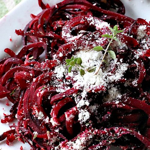 Parmesan Beets with Thyme | Can't Stay Out of the Kitchen | this is a scrumptious savory recipe for #beets. Using a #spiralizer makes this side dish a delightful experience. Great #holiday #casserole that's quick & easy. #glutenfree #parmesancheese