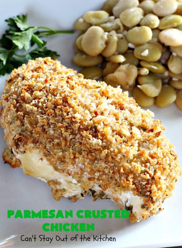 Parmesan Crusted Chicken | Can't Stay Out of the Kitchen | this amazing #chicken entree is flavored with a #parmesancheese & #GreekYogurt coating & seasoned to perfection. The chicken is then dredged in #breadcrumbs or #panko crumbs.