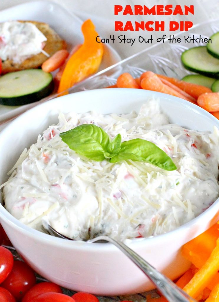 Parmesan Ranch Dip | Can't Stay Out of the Kitchen | This fantastic #appetizer is terrific for #tailgating parties & potlucks. We like to serve it before large company or #holiday meals to hold off appetites until the meal is ready! #EasyAppetizer #RanchDressingMix #ParmesanCheese #RanchDip #recipe #DipAndChips #ParmesanRanchDip