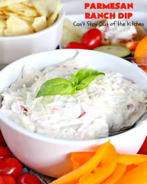 Parmesan Ranch Dip | Can't Stay Out of the Kitchen | This fantastic #appetizer is terrific for #tailgating parties & potlucks. We like to serve it before large company or #holiday meals to hold off appetites until the meal is ready! #EasyAppetizer #RanchDressingMix #ParmesanCheese #RanchDip #recipe #DipAndChips #ParmesanRanchDip