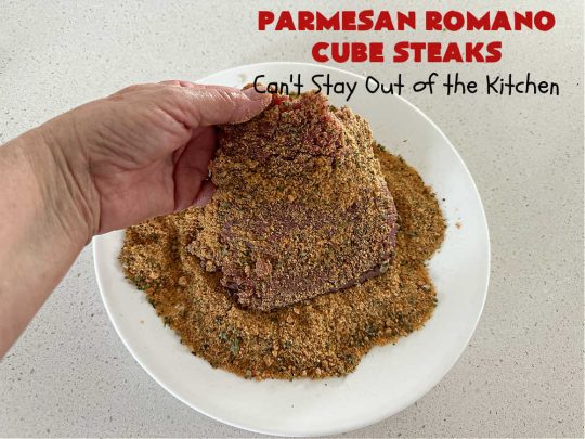 Parmesan Romano Cube Steaks | Can't Stay Out of the Kitchen | #ParmesanRomanoCubeSteaks is a great way to enjoy #CubeSteaks for dinner. This easy entree is oven ready in about 5 minutes. It's wonderful for weeknight dinners when you're short on time. This tasty #beef entree includes both #Parmesan & #Romano cheese along with several herbs to spice it up. #GlutenFree