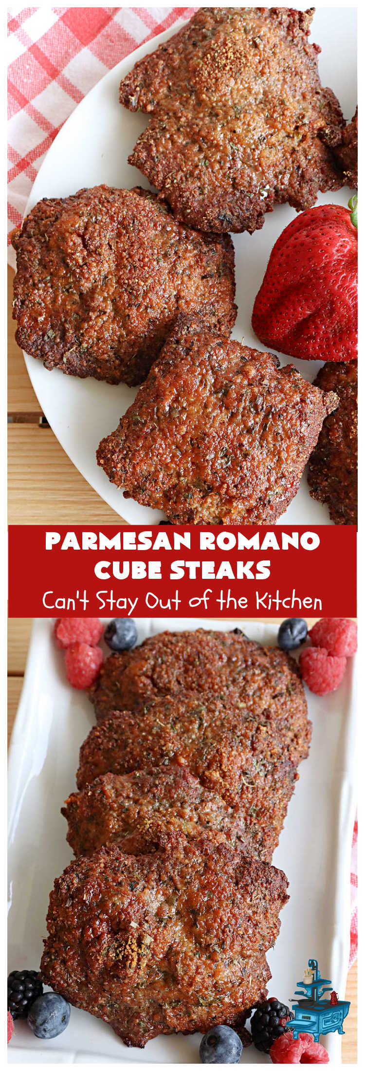 Parmesan Romano Cube Steaks | Can't Stay Out of the Kitchen | #ParmesanRomanoCubeSteaks is a great way to enjoy #CubeSteaks for dinner. This easy entree is oven ready in about 5 minutes. It's wonderful for weeknight dinners when you're short on time. This tasty #beef entree includes both #Parmesan & #Romano cheese along with several herbs to spice it up. #GlutenFree